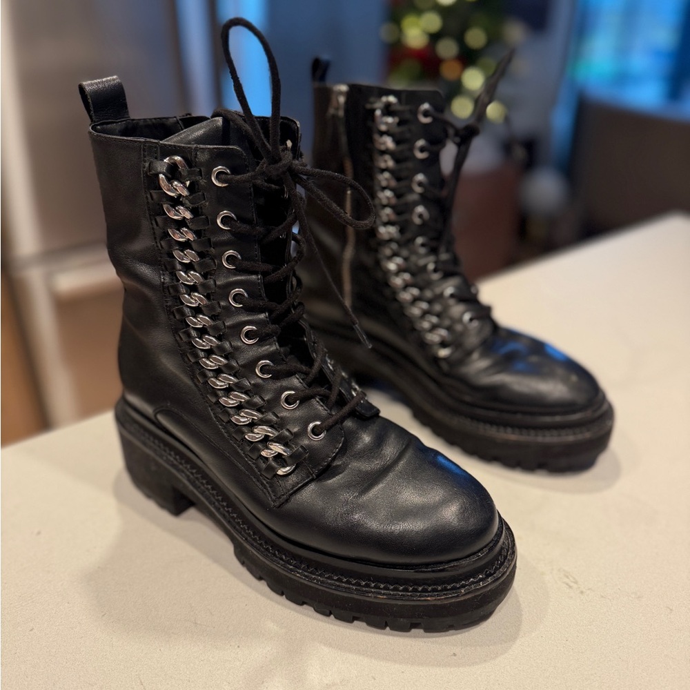 Rebecca Minkoff Edie Black Leather Lace-Up Combat Boots- 7.5